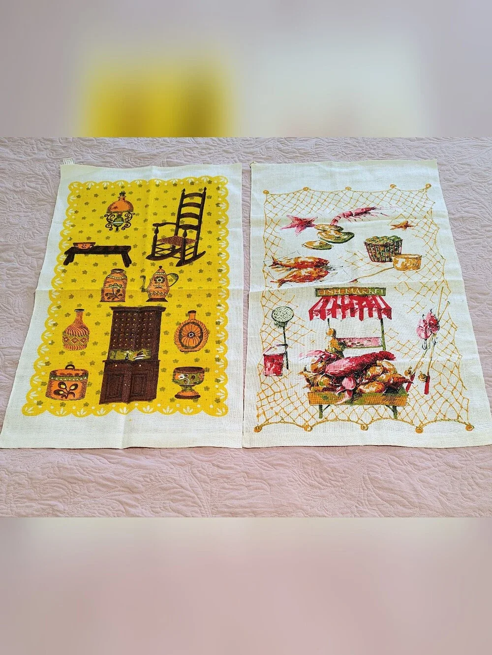 Set Of 2 Fish Market & Farm House 100% Linen Tea Dish Towels Vintage MCM Poland